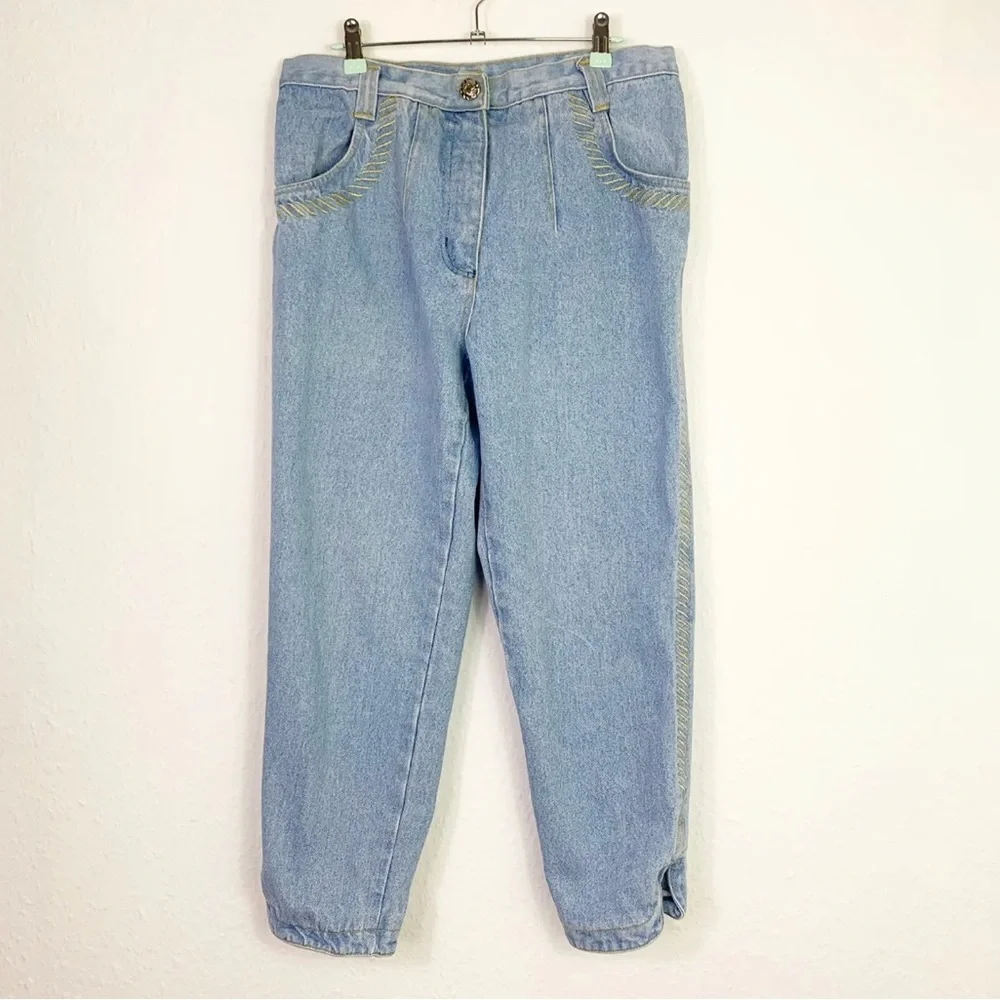 Vintage Explorer Light Blue Denim High Waist Jeans Gold Embroidered Size 14 - Picture 1 of 8